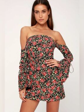 C/MEO Outline Black Floral Print Long Sleeve Off-the-Shoulder Mini Dress XXS XS